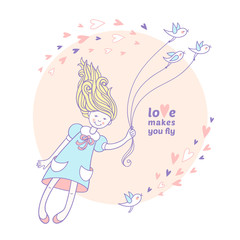 Love makes you fly. Cute hand drawn card.