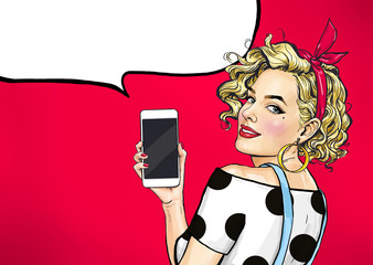 Attractive sexy girl in with phone in the hand in comic style. Woman holding smartphone. Digital advertisement female model showing the message or new app on cellphone.  © lucky1984