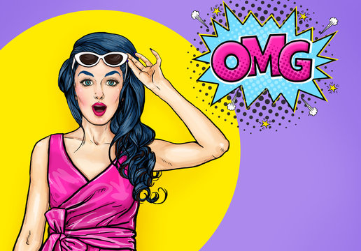 Surprised young sexy woman with open mouth in sunglasses in comic style. Amazed lady saying OMG. Pop Art girl with shocked face.  