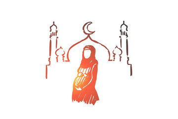 Religion, pregnancy, muslim, arabic, islam, mosque concept. Hand drawn isolated vector.
