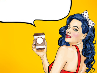 Smiling Pop Art woman with coffee cup. Advertising poster or party invitation with sexy girl with wow face in comic style. © lucky1984