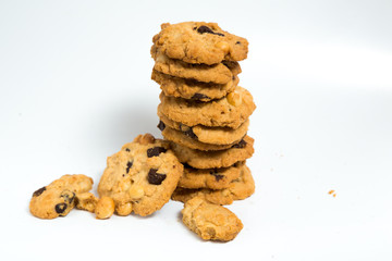 Fototapeta na wymiar A stack of chocolate chip cookies isolated on a white background