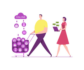 Retail and online shopping. Young couple shopping vector cartoon flat illustration. E-commerce concept illustration.