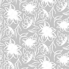Hand drawn gray flower seamless vector pattern.