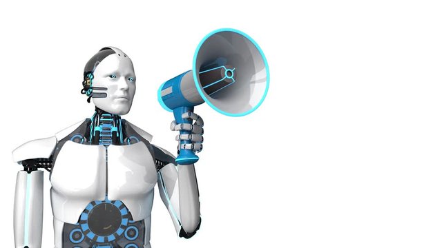 A white robot with a blue megaphone. 3d animation.
