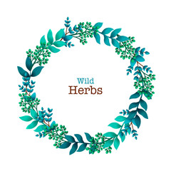 Herbal pre-made composition. Round wreath with leaves and branches. Summer wild herbs with space for your text. Healing Herbs for cards, wedding invitation, save the date or greeting design.