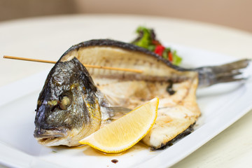 Fried fish with the slice of lemon and salad on a white dish