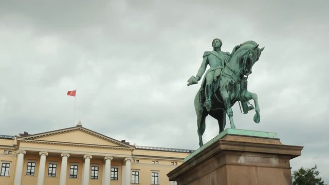 Statue of King Carl XIV Johan in Oslo, Norway, in the background is seen the royal palace