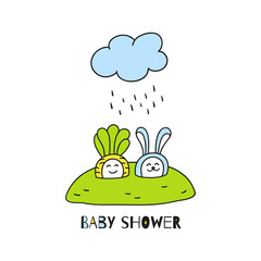 Baby shower card. Cute hand drawn characters for baby design.