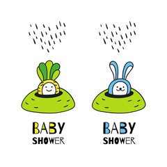 Baby shower card. Cute hand drawn characters for baby design.