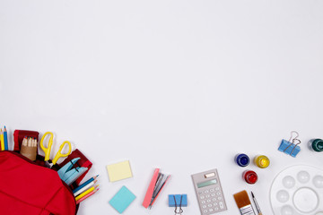 Stationeries and office supplies on white background. Flat lay. Top view with copy space. Back to school concept.