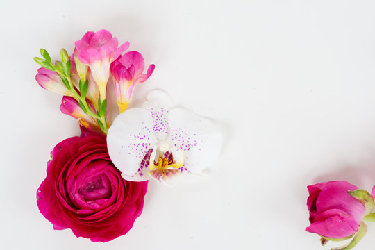 Flowers composition made of fresh orchid and ranunculus on white background. Flat lay, top view, copy space