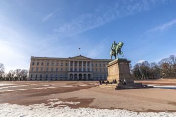 Oslo Royal Palace and Charles John statue, Oslo Norway © Noppasinw