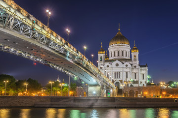 Naklejka na ściany i meble Moscow night city skyline at Cathedral of Christ the Saviour and bridge over Moscow River, Moscow, Russia