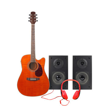 Music and sound - Orange electro acoustic guitar, two loudspeaker enclosure and red headphone. Isolated