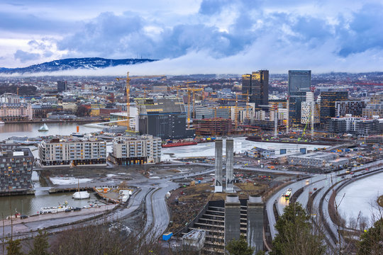 Oslo aerial view city skyline at business district and Barcode Project, Oslo Norway