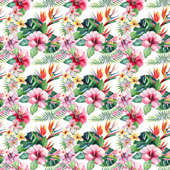 Bright green herbal tropical wonderful hawaii floral summer pattern of a tropic palm leaves and tropic pink red violet blue flowers hibiscus, orchid, lily watercolor hand illustration