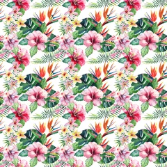 Tuinposter Bright green herbal tropical wonderful hawaii floral summer pattern of a tropic palm leaves and tropic pink red violet blue flowers hibiscus, orchid, lily watercolor hand illustration © annadolzhenko