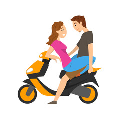 Fototapeta na wymiar Young couple in love sitting on motorbike vector Illustration on a white background