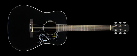 Obraz na płótnie Canvas Musical instrument - Black folk acoustic guitar country flower bird pickguard isolated