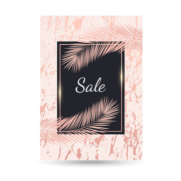 Luxury gold, pink, rosa, black marble abstract background, card, sale banner with pink palm leaves and premium design. Female summer exotic leaf pattern template with geometric frame