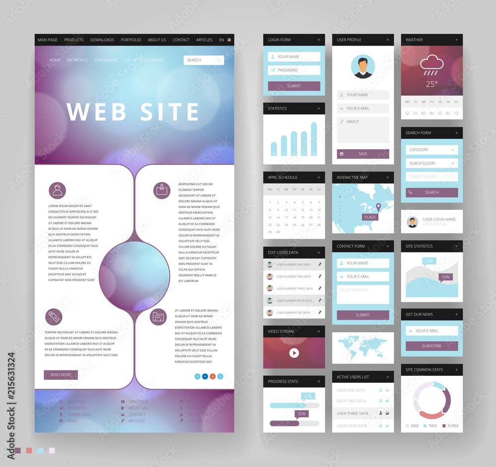 Sticker website template design with interface elements