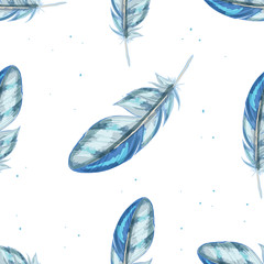 Blue colored seamless feather pattern. Seamless background with feathers of bird. Repeating texture. Boho style.