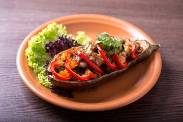 Eggplant with beef meat. Tasty eggplant with meat and vegetables.