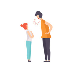 Angry man screaming at frightened woman, couple quarreling, family conflict, disagreement in relationship vector Illustration on a white background