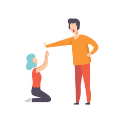 Young woman kneeling in front of angry man, couple quarreling, family conflict, disagreement in relationship vector Illustration on a white background