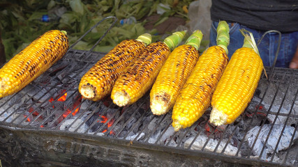 Fried and boiled corn. A seller of fast food at a flea market in Turkey.