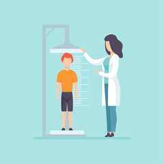 Fototapeta na wymiar Pediatrician examining a boy in a medical office, doctor measuring the growth of a child, medical treatment and healthcare concept vector Illustration