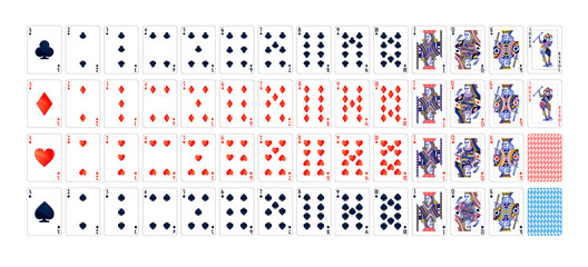 Full set of detailed colorful poker cards on white - obrazy, fototapety, plakaty