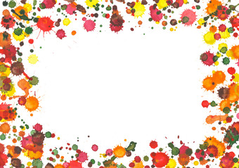 Autumn background. Spray paint, watercolor splash frame, colorful paint drops texture isolated on white.