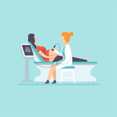 Doctor doing ultrasonography to pregnant woman, gynecologist doctor examining female patient with ultrasonic equipment in clinic vector Illustration