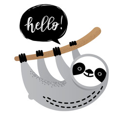 Cute vector sloth bear animal says Hello © Polina Elyutina