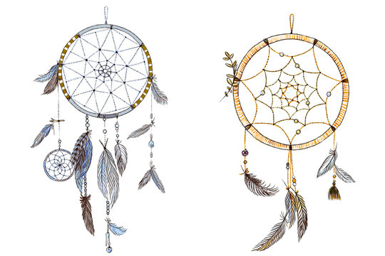 Two hand drawn ornate Dream catchers with feathers in soft trendy colors. Astrology, spirituality, magic symbol. Ethnic tribal element.