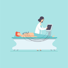 Female doctor examining patient with electrocardiograph machine, medical treatment and healthcare concept vector Illustration