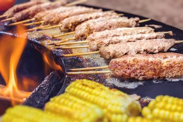Pepper, corn, eggplant, kebabs, chicken on a street grill on an open fire. Summer food.
