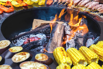 Pepper, corn, eggplant, kebabs, chicken on a street grill on an open fire. Summer food.