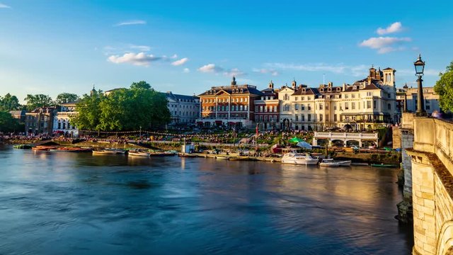 8k timelapse panning view of riverside Richmond village in West London before sunset