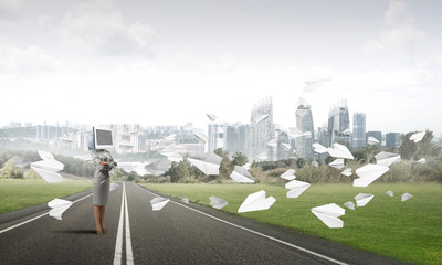 Business woman with monitor instead of head.