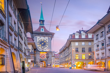 Zytglogge clock tower on Kramgasse street with shopping area in old city center of Bern - obrazy, fototapety, plakaty
