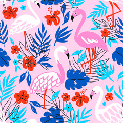 Flamingo Bird and Tropical Flowers Background. Seamless pattern vector