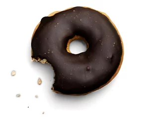 Foto auf Acrylglas Bitten doughnut with chocolate glaze on white background © BillionPhotos.com