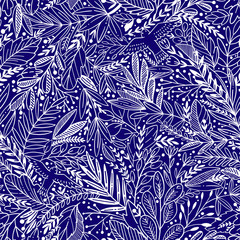 Vector floral seamless pattern with exotic leaves and birds