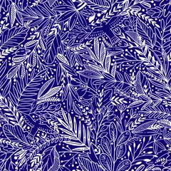 Tapeten Dunkelblau Vektor florales nahtloses Muster mit exotischen Blättern und Vögeln