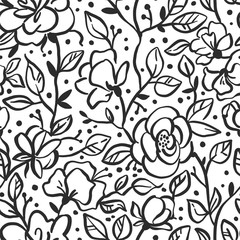 Materiał do szycia Vector flower seamless pattern with roses. Textures made with black ink. Hand brush painting for your designs: logo, for posters, invitations, cards, etc.