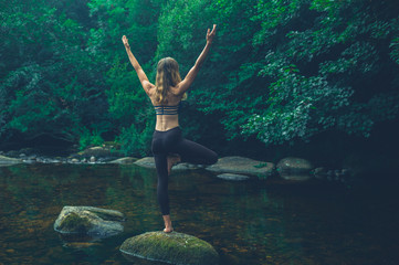 Yoga woman in tree pose on rock in river