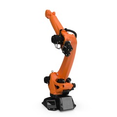 Orange robot arm for industry isolated on white. Side view. 3D Illustration